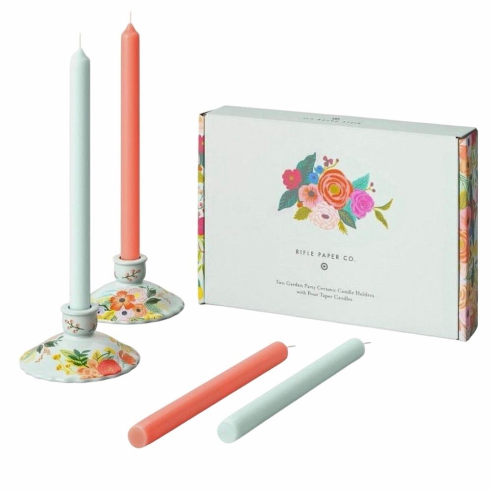 Rifle Paper Co Target Garden Party Ceramic Candle Holders 4 Taper Candles Set